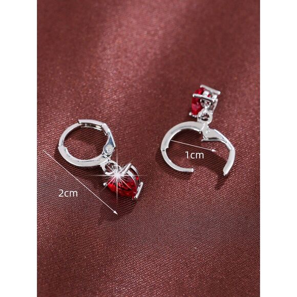 Ruby Red Heart Cubic Zirconia Silver Pendant Drop Earrings Dangle Leverback Love - Picture 4 of 5